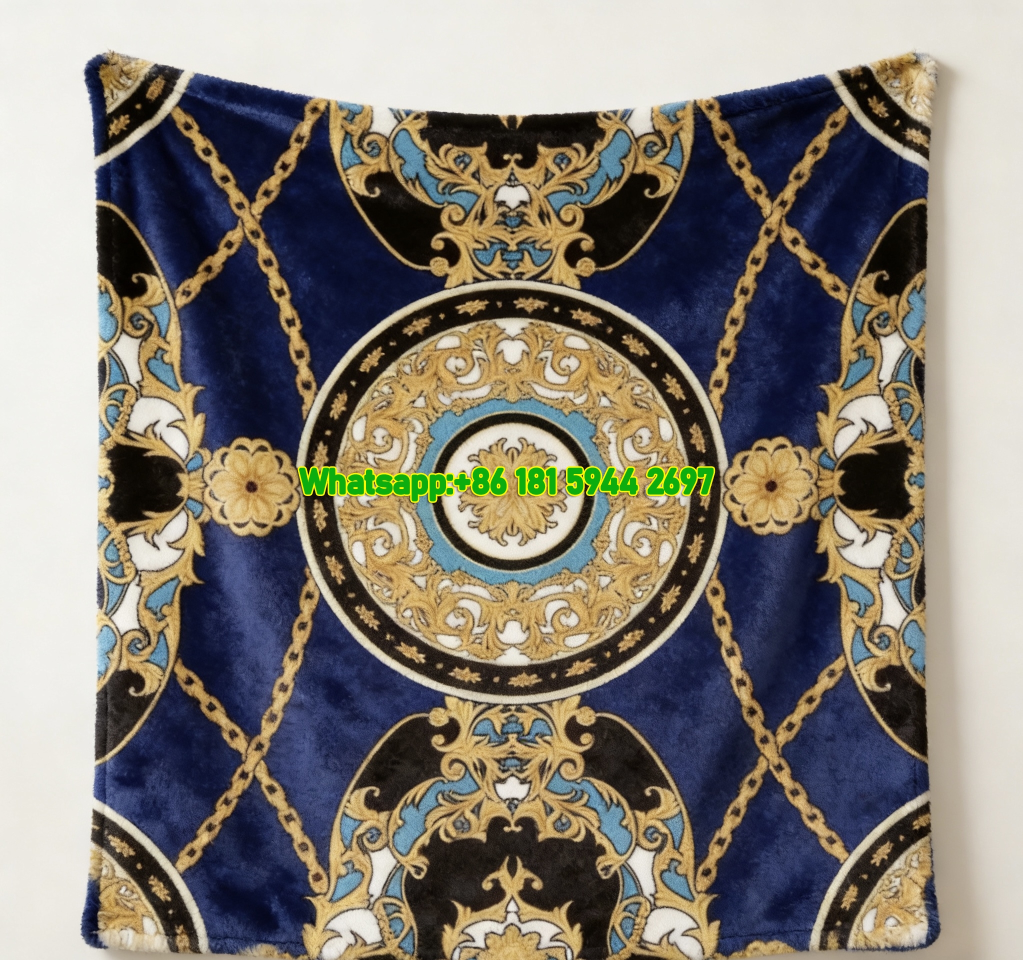 Versace Deep Blue and Gold Baroque Chain Print Flannel Throw Blanket IMG_1502